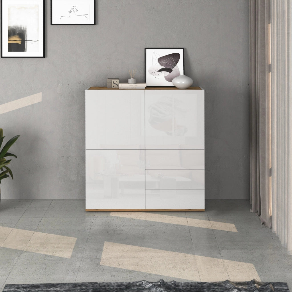 WHOUS Credenza Garda a 3 ante e 3 cassetti bianco lucido e rovere 102x35x110 cm