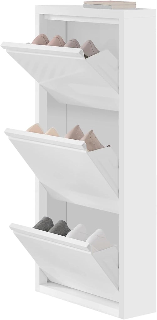 Set di 2 Scarpiera a Ribalta, Porta Scarpe da Ingresso a 3 Cassetti, Armadio per Scarpe Bianca Verticale, per Corridoio e Camera da Letto, in Metallo, SRX41ws-2