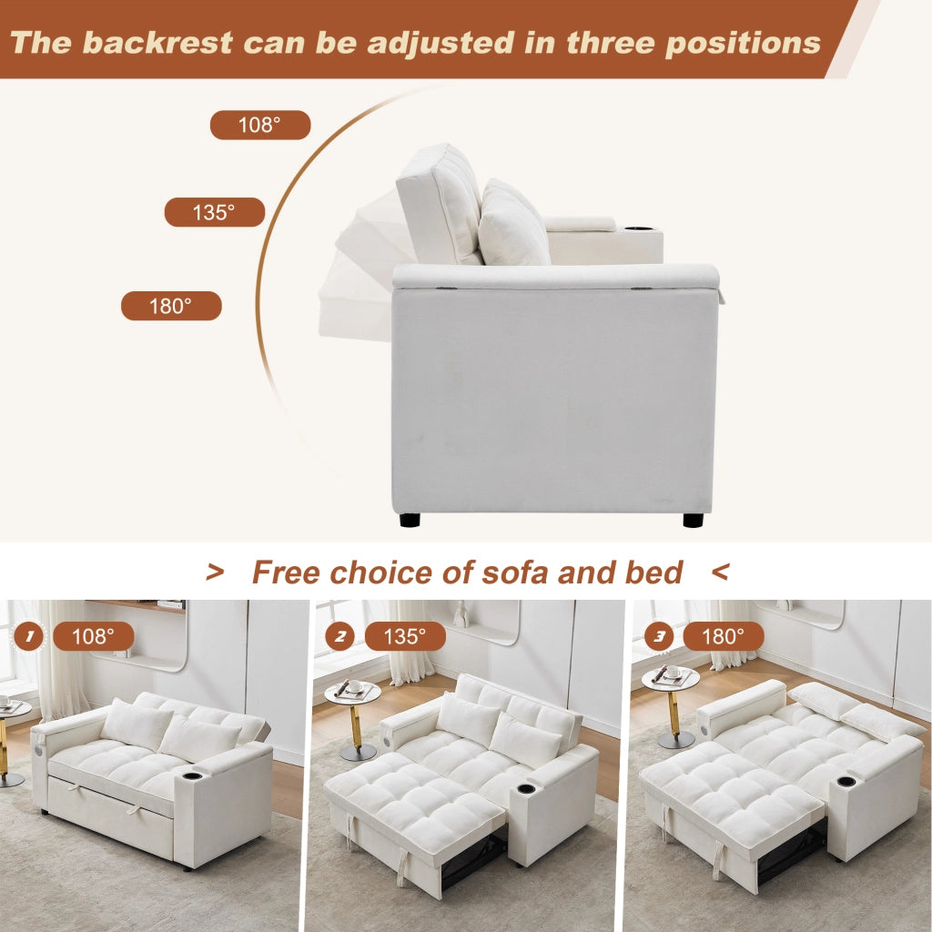 Divano letto convertibile con schienale regolabile porta USB tavolino nascosto e portabicchieri in tessuto beige