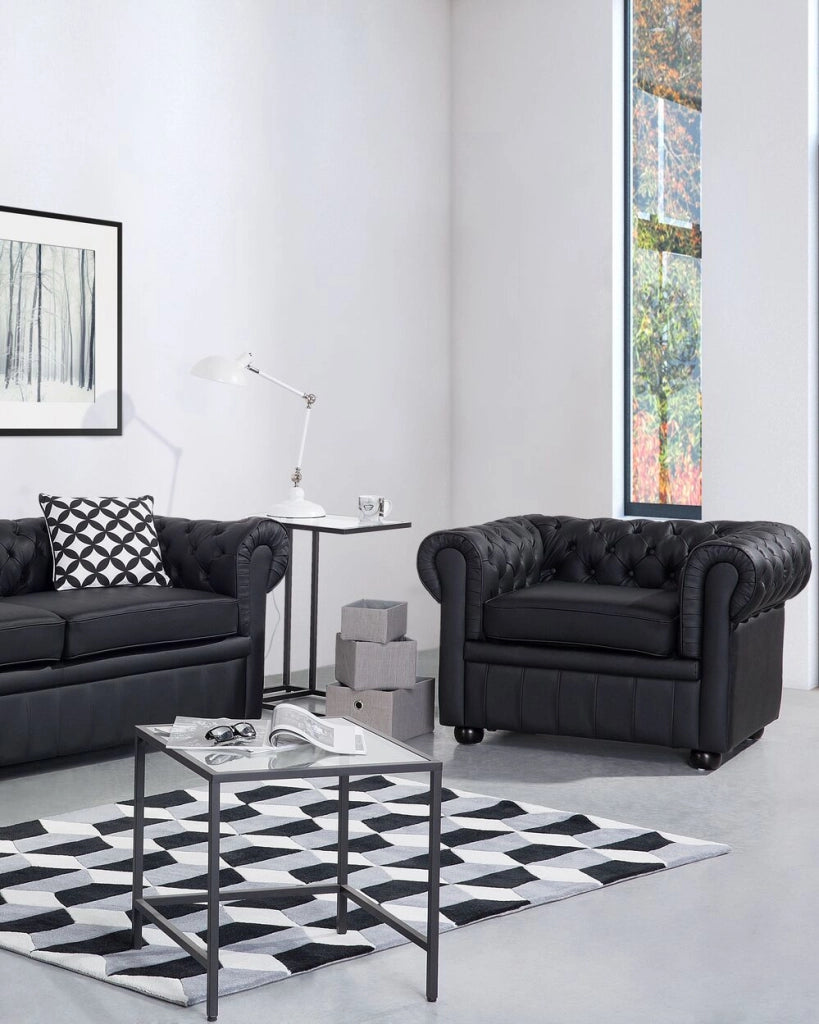 Poltrona Chesterfield nera Vera Pelle trapuntata in stile Contemporaneo