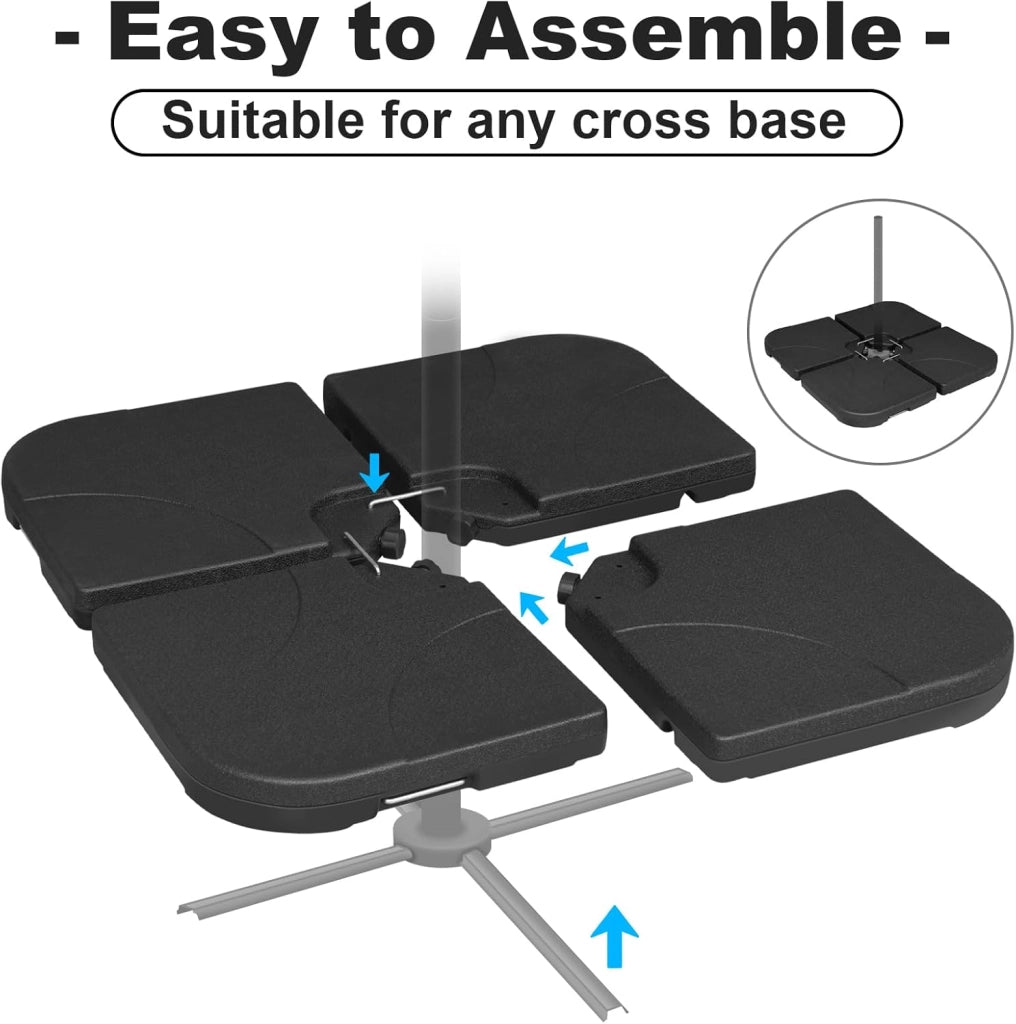 Base per Ombrellone, Supporto per Ombrellone in 4 Parti, a Croce a Terra, 60 L/80 kg, Riempibile con Acqua o Sabbia, con Connettori in Metallo, in Plastica, Quadrato, Nero