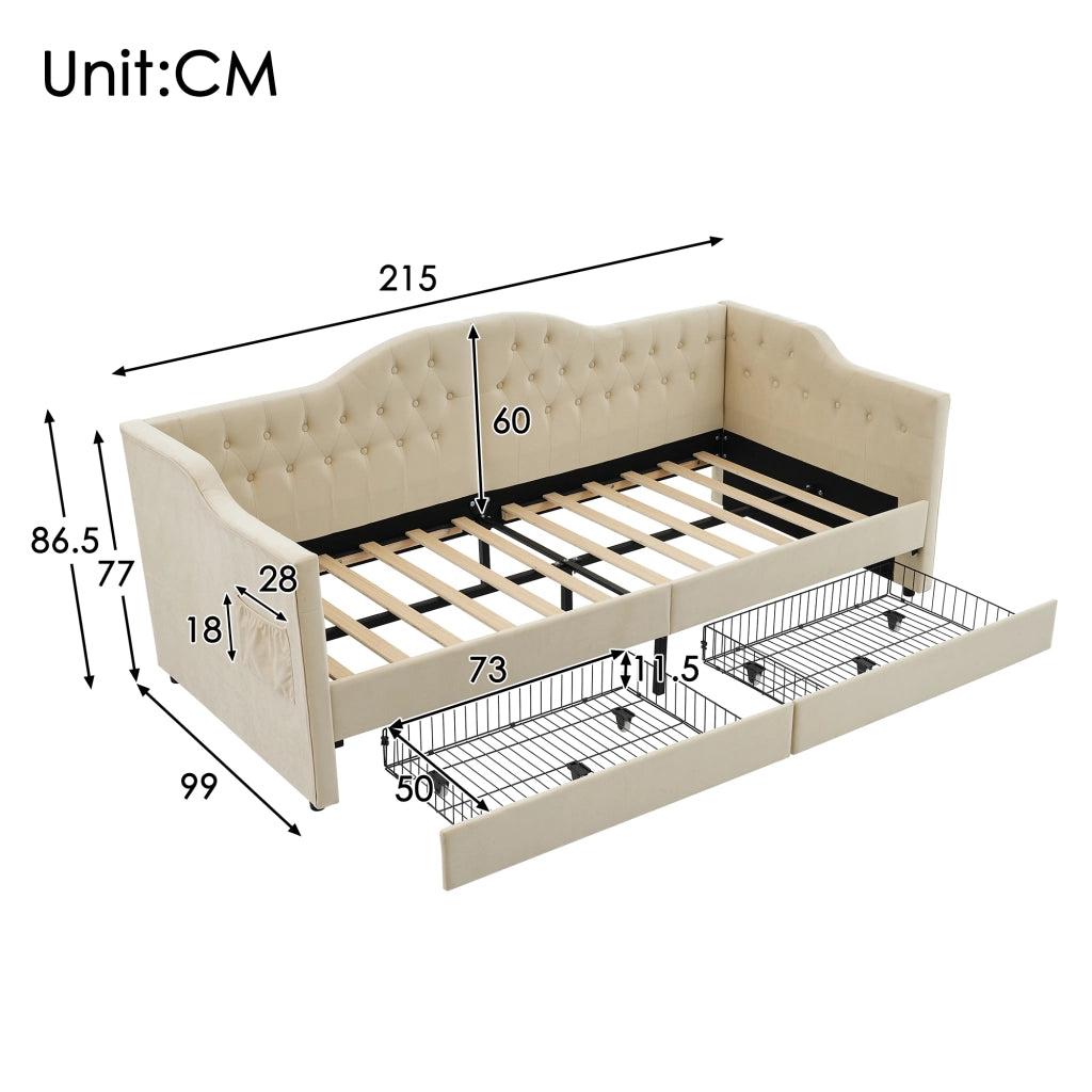OKWISH Letto Banquette 90×200 cm, Letto Singolo con USB, Tipo C, 2 Cassetti e Tasche Laterali, senza Materasso, in Velluto, Beige