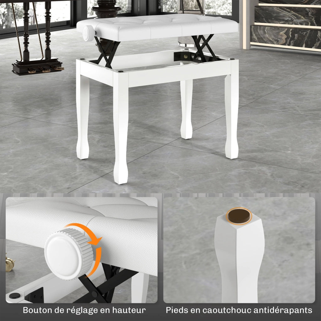 Panca da pianoforte regolabile in altezza ¨C Minimal ¨C Legno massello, imbottita, bianco, 64x35x45-55cm