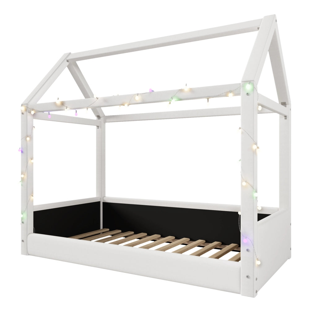 OKWISH Letto a Casetta Singolo con LED, 90×200 cm, senza Materasso, Rivestimento in Tessuto e MDF, Beige