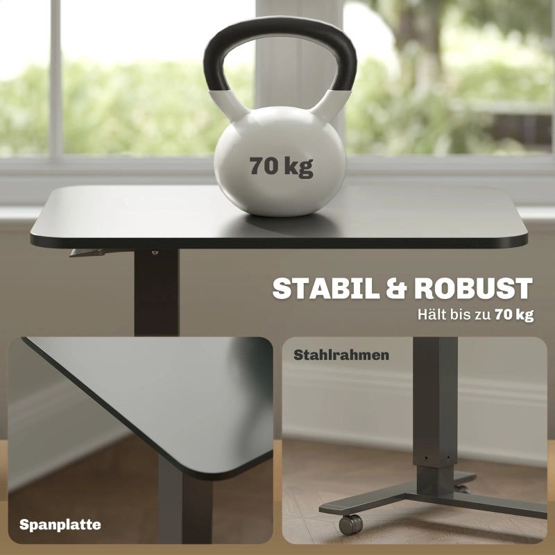 Scrivania regolabile in altezza con 4 ruote, a forma di C, 65 cm x 48 cm x 70-110 cm, nera.
