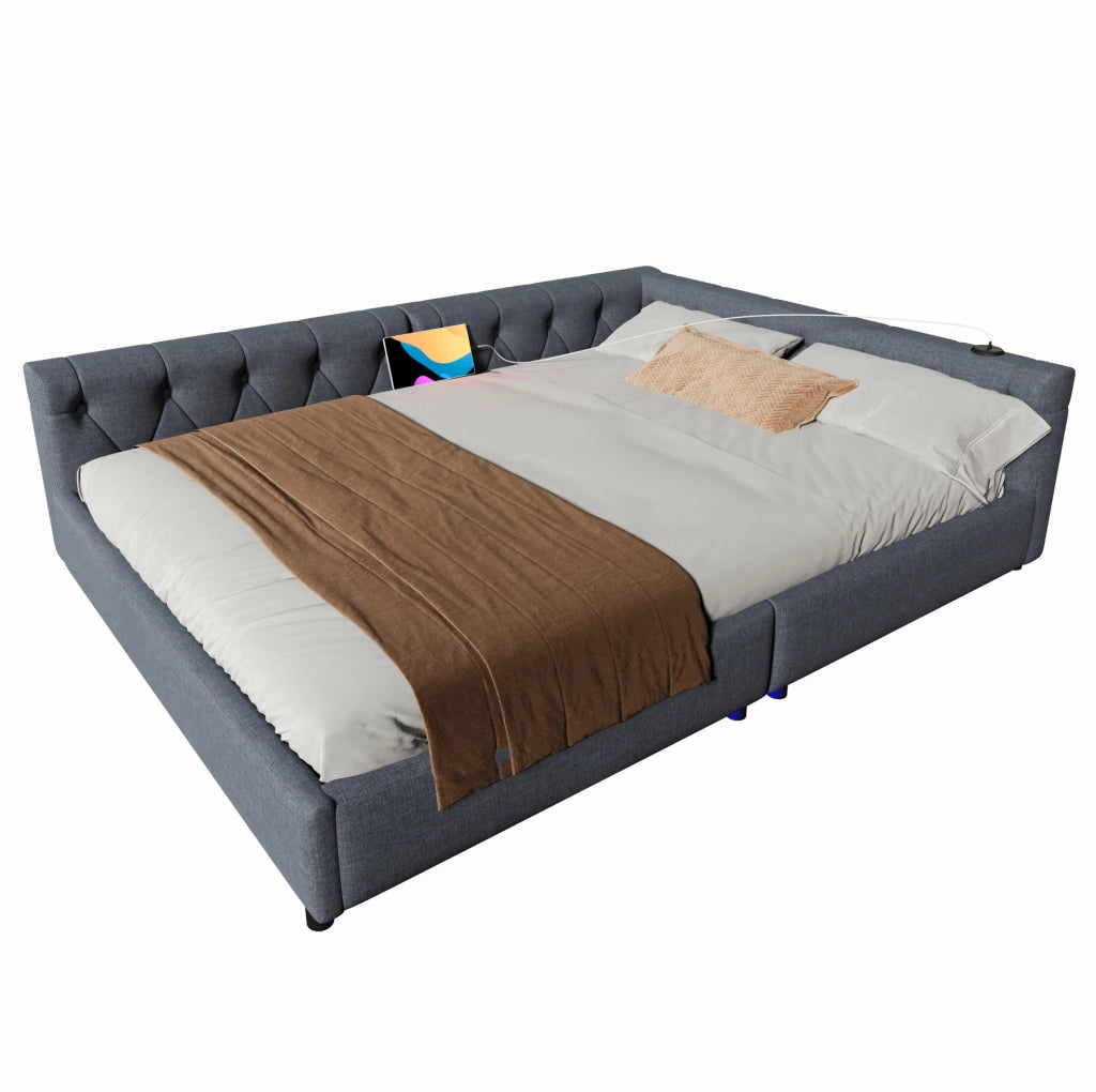 Letto 140x200 cm con LED; USB e Type-C in lino grigio