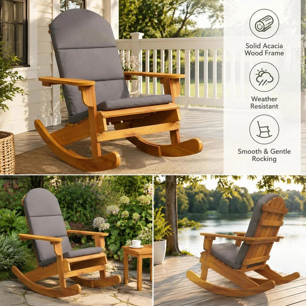 Adirondack Rocking Chair With Cushion, Solid Acacia Wood