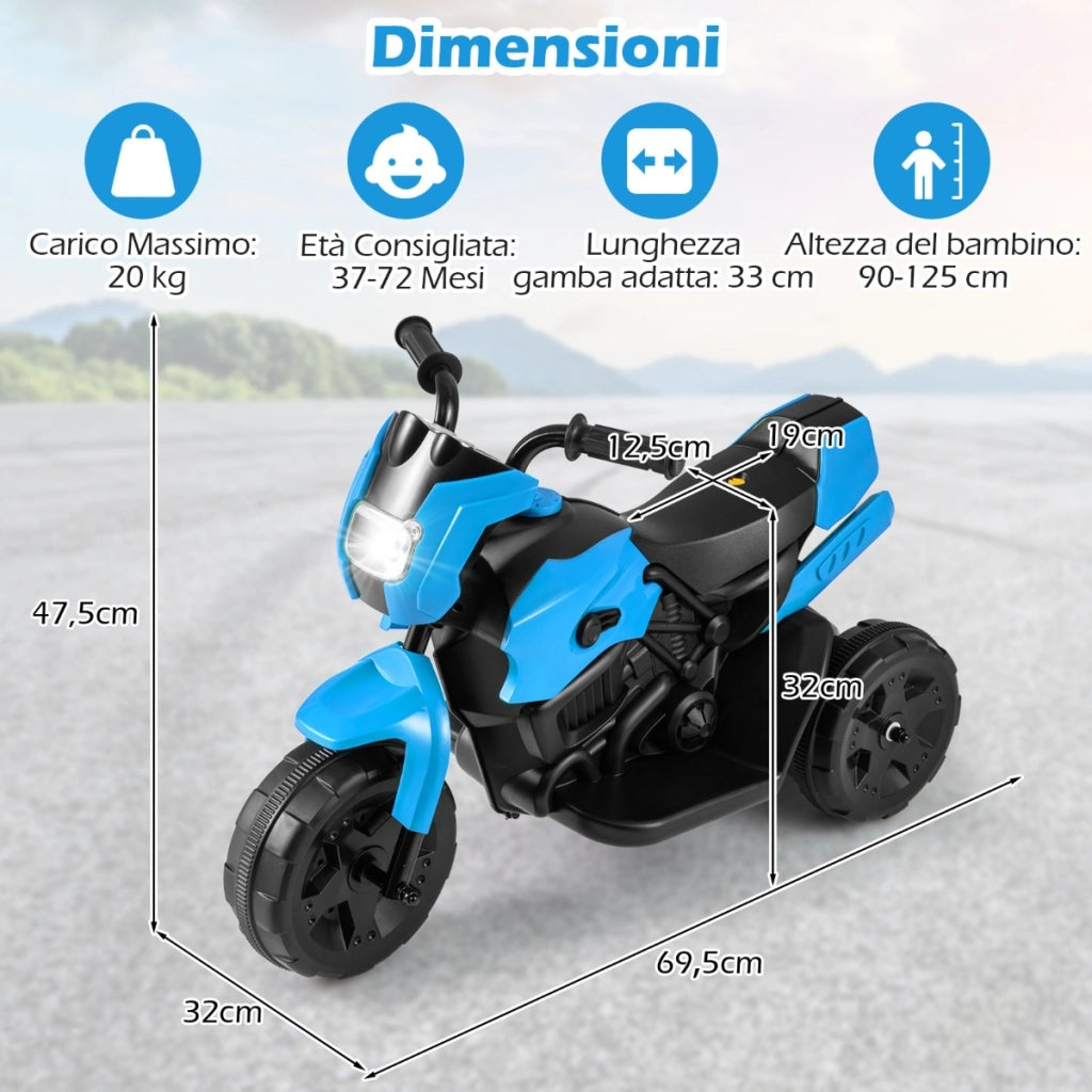 Moto per bambini a 3 ruote 6v con fari led ha pedale a piedi, Moto per bambini ¨¨ un veicolo elettrico da 37 a 72 mesi Blu-Moto elettriche