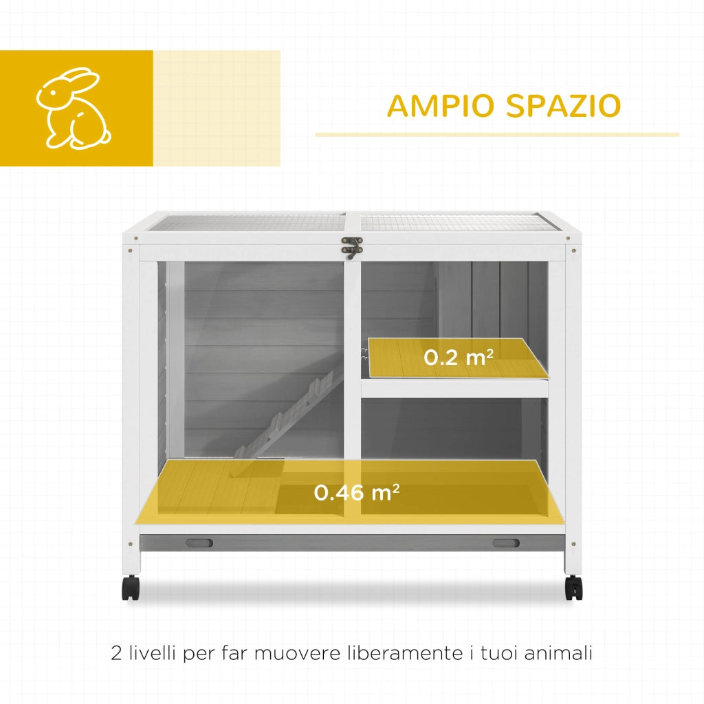 Conigliera in Legno a 2 Piani con Casetta. Rampa e Vassoio Estraibile. 91.5x53.3x73cm