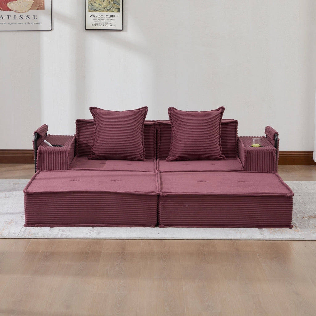 Pouf divano modulare in velluto a coste; 162x78x66 cm; rosso vino