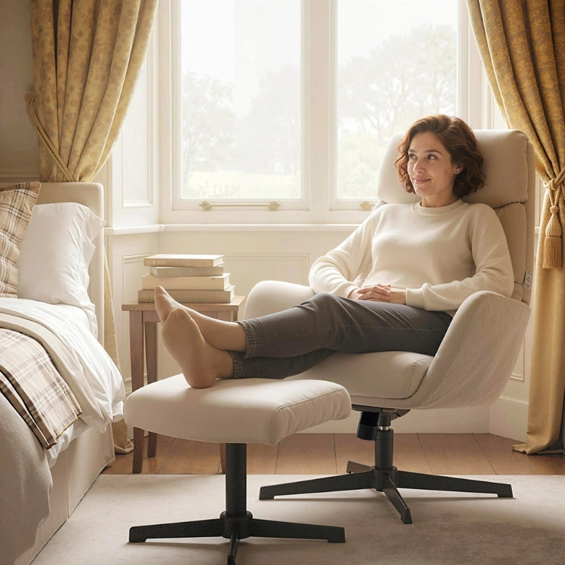 POLTRONA con poggiapiedi, schienale alto, base in metallo, beige