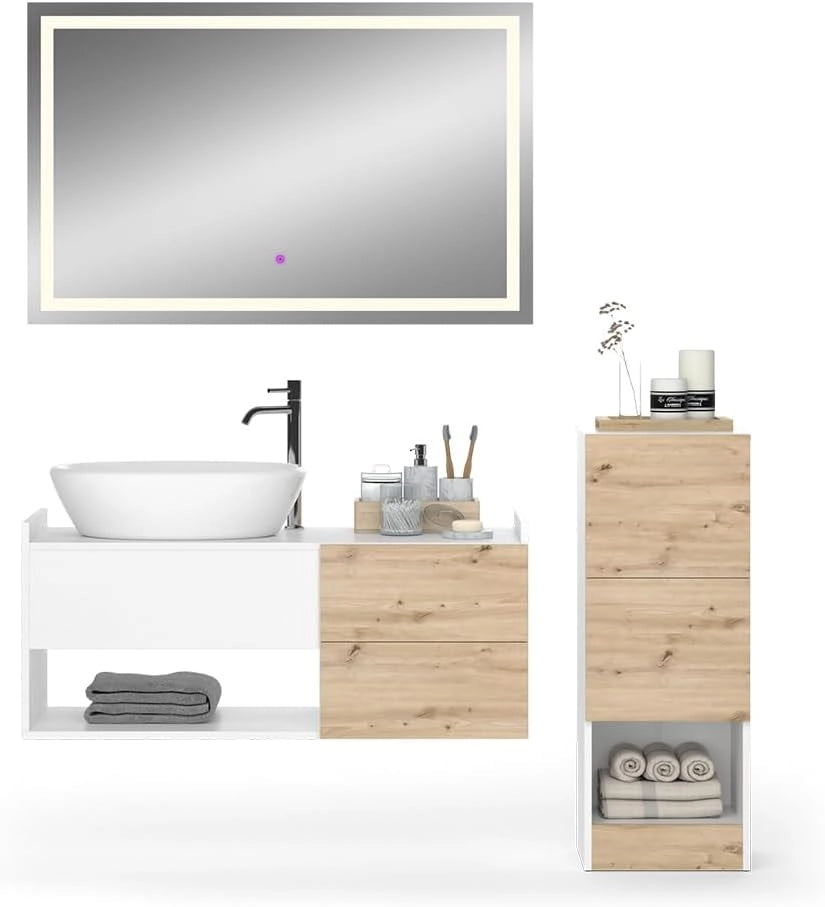 Set di mobili da bagno Alf, Bianco, 105 cm, composto da mobile sottolavabo, specchiera e mobile medio