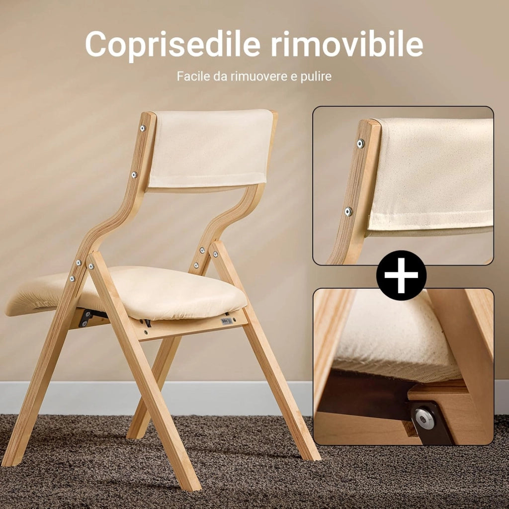 Lotto da 2 Sedie Pieghevoli da Pranzo con Seduta e Schienale Imbottiti, Design Elegante e Salvaspazio Sedie Pieghevoli da Interno, Perfette per Cucina, Ufficio ed Esterno, Beige FST40-Wx2