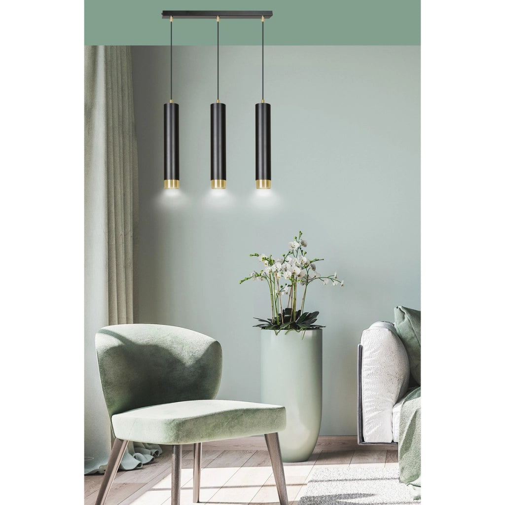 Lampada a sospensione KIBO in acciaio nero opaco e oro