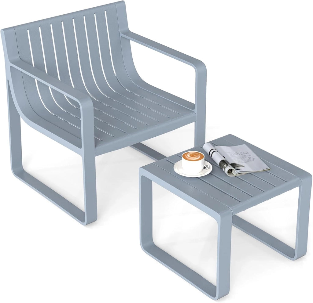 Set di Mobili da Giardino a 2 Pezzi, Poltrona e Tavolino da Giardino, Set da Bistro a Doghe per Patio, Sedia in PP e Tavolino da Caffè Quadrato, Portata 160 kg + 60 kg