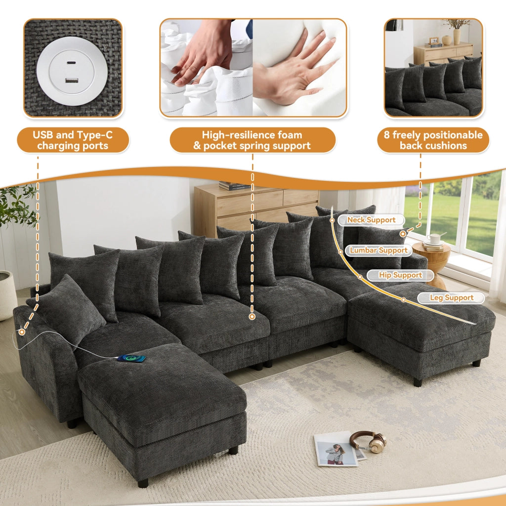 Divano modulare angolare a U e L con porte USB e Type C, cuscini regolabili in chenille grigia 283 × 153,5 × 78,5 cm