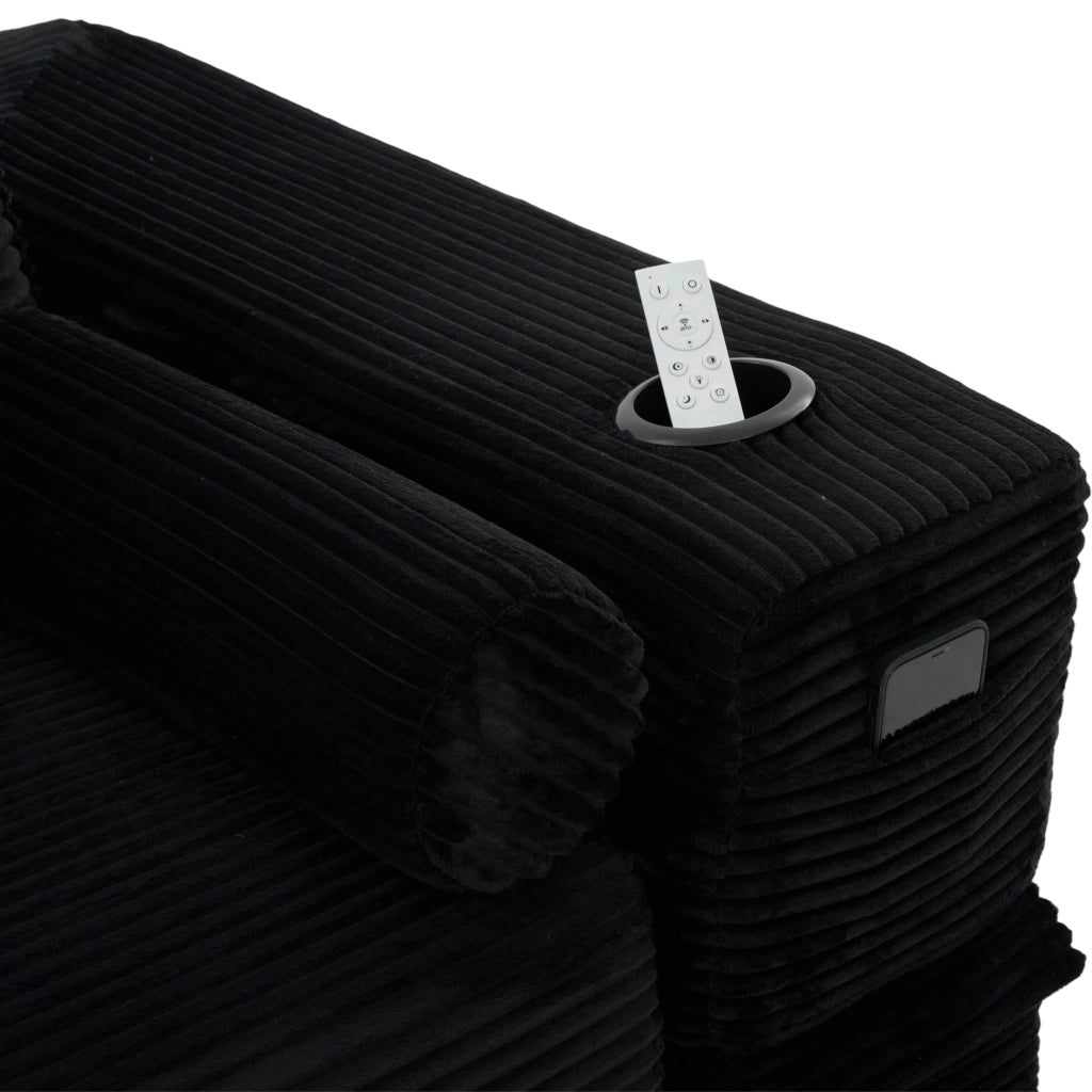Divano letto multifunzionale in corduroy nero, 3 posti, con tasche laterali e portabicchieri, 232x98x80 cm