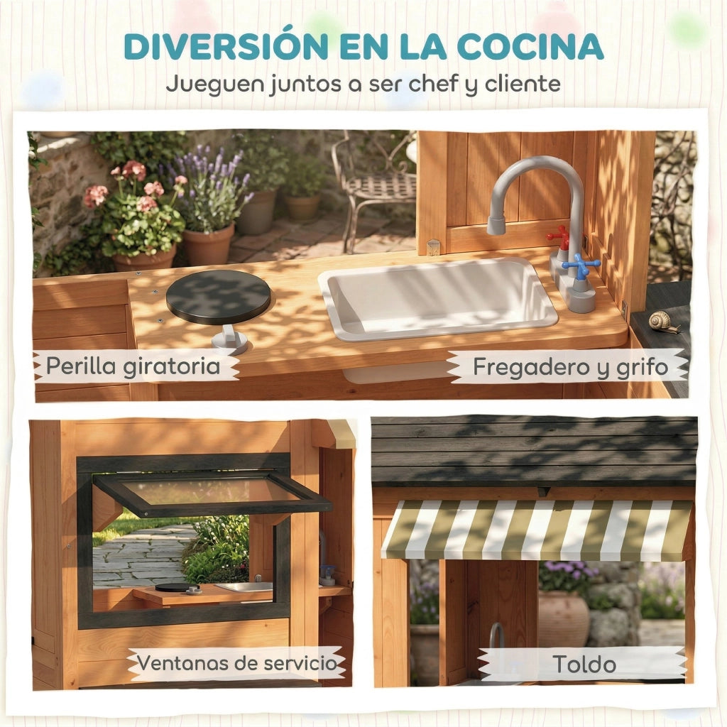 Casetta bambini in legno con cucina giocattolo e panchina ¨C zephmum ¨C marrone