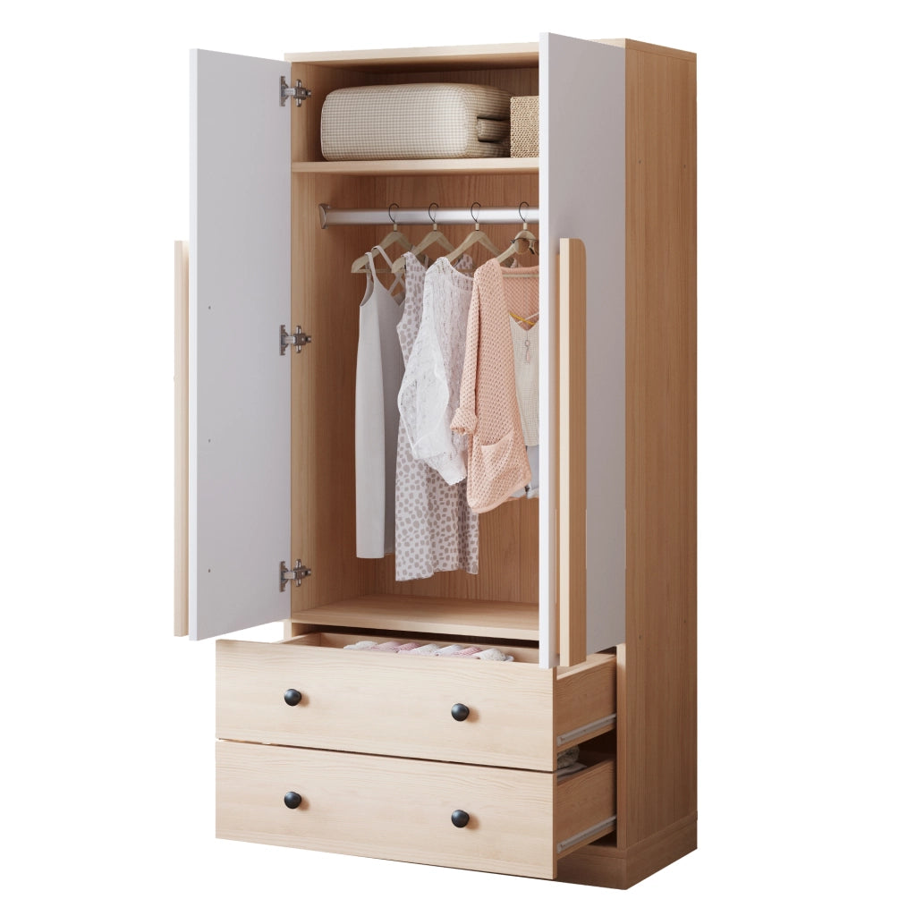 Armadio con 2 ante e 2 cassetti, 1 vano, per camera da letto e soggiorno, in legno, naturale e bianco, 70 × 40 × 170 cm