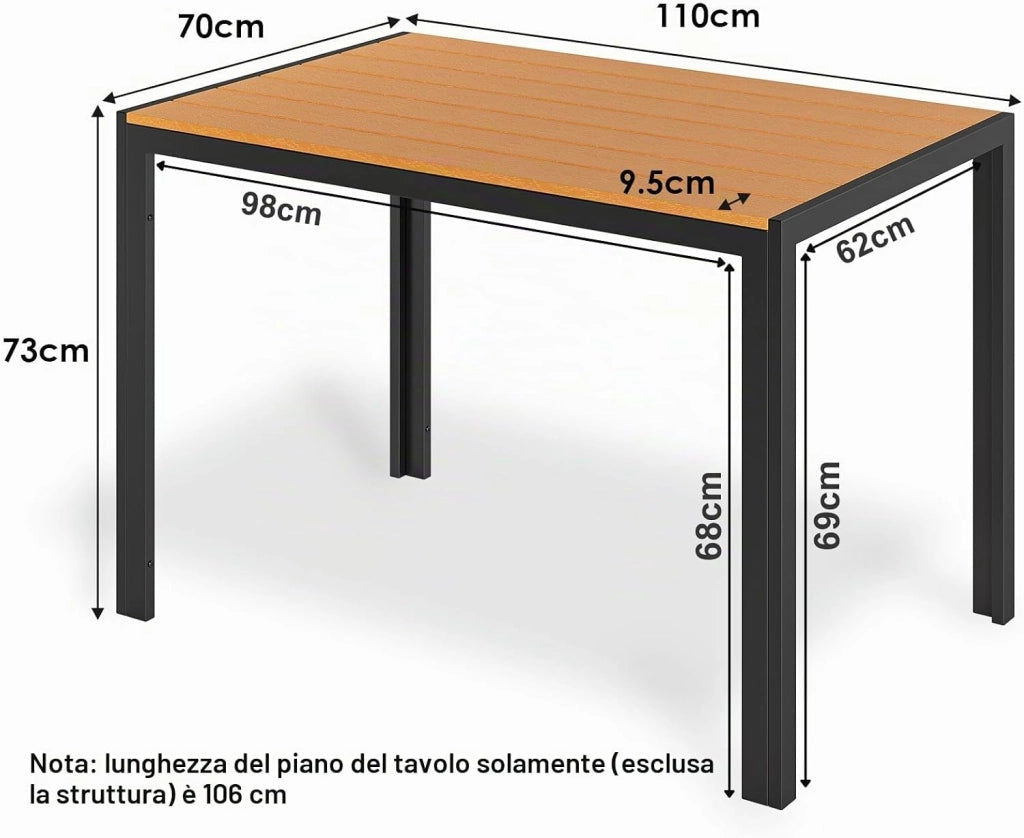 Tavolo da Giardino 110x70 cm, Tavolo da Terrazzo in WPC per 4-6 Persone, Tavolo da Balcone Resistente alle Intemperie con Telaio in Alluminio, Design Effetto Legno,Marrone Teak