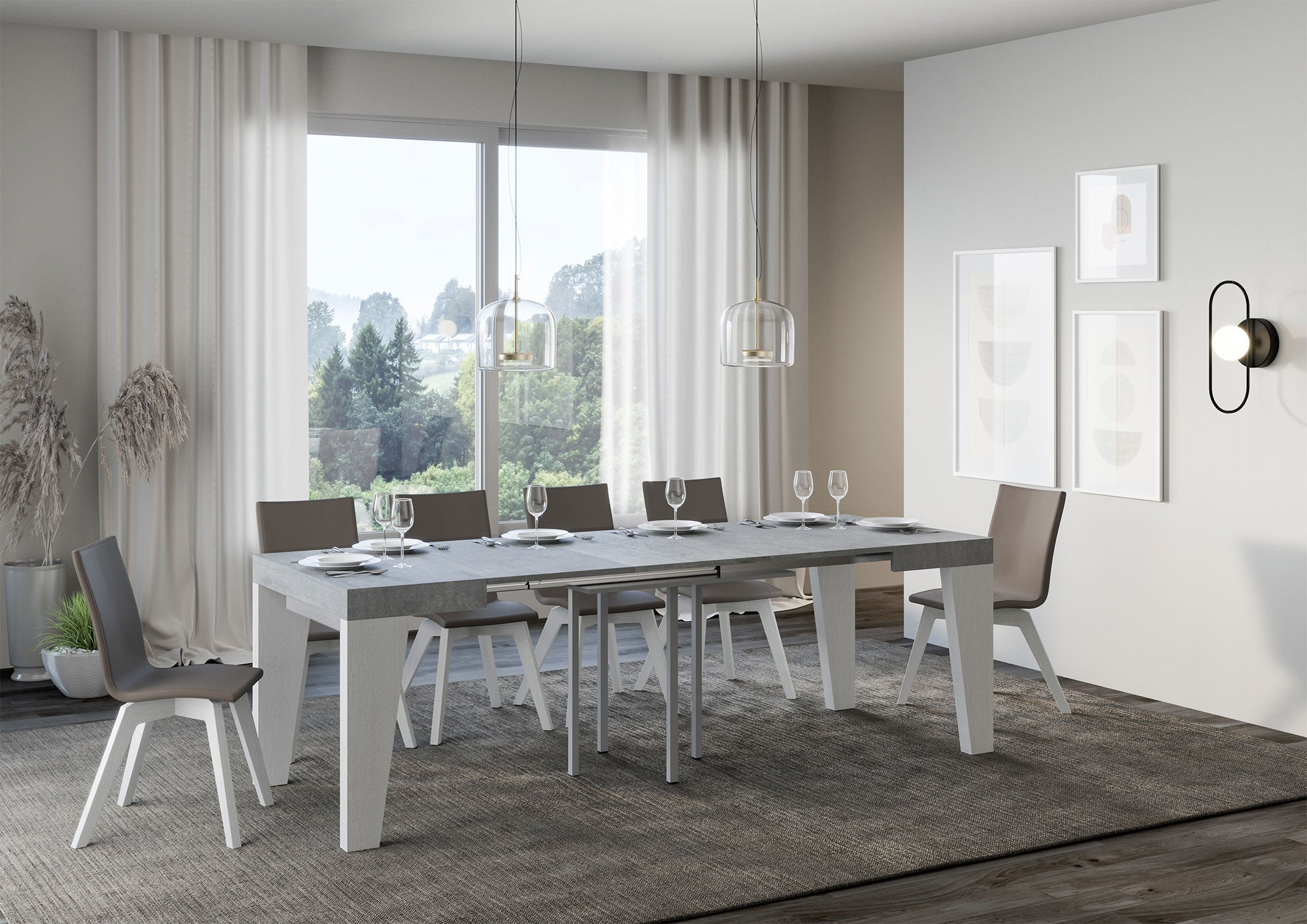 Tavolo Allungabile 90/246x90x77 cm Naxy Mix piano Cemento gambe Bianco Frassino