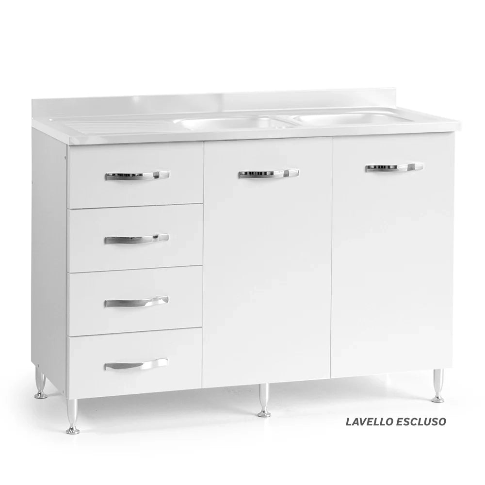 Sottolavello per cucina componibile da 120 cm con due ante e 4 cassetti, vasche a Destra realizzata in legno 100% MADE IN ITALY colore Bianco Frassino