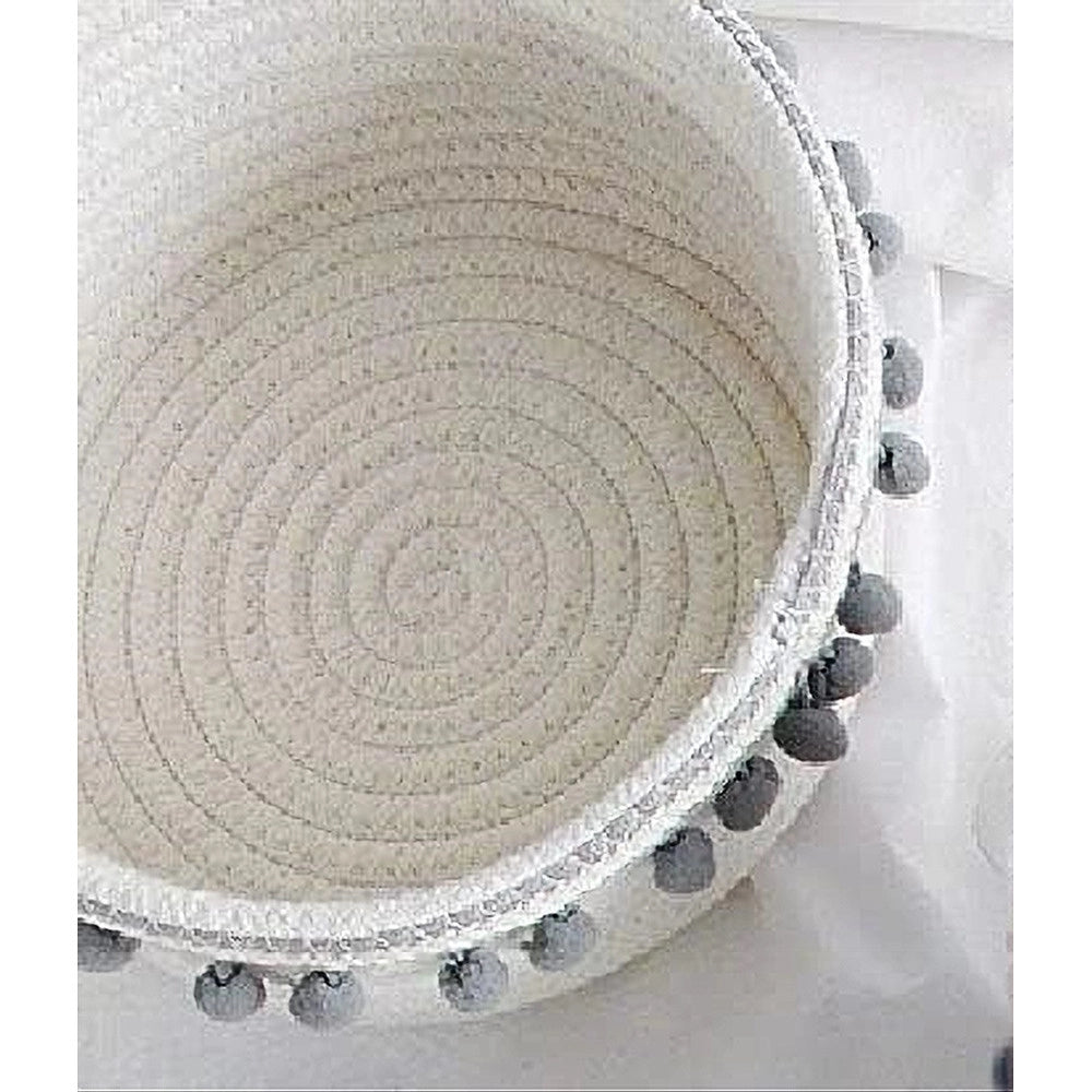 Trade Shop - Cesto Porta Oggetti Per Biancheria In Corda Pon Pon Grigi Cestino 22x9.5cm 10670 -