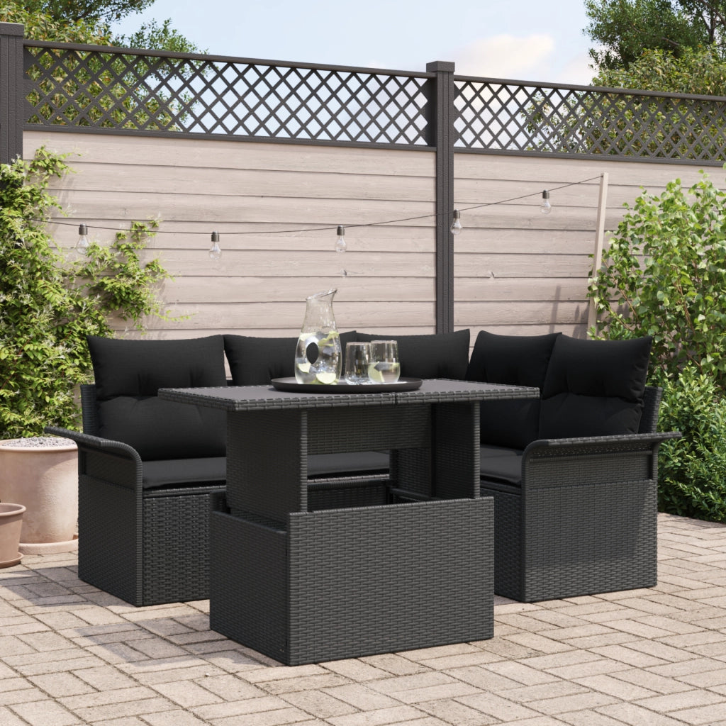 Set di Divani da Giardino da 5 Pezzi con Cuscini Nero Rattan Polietilene