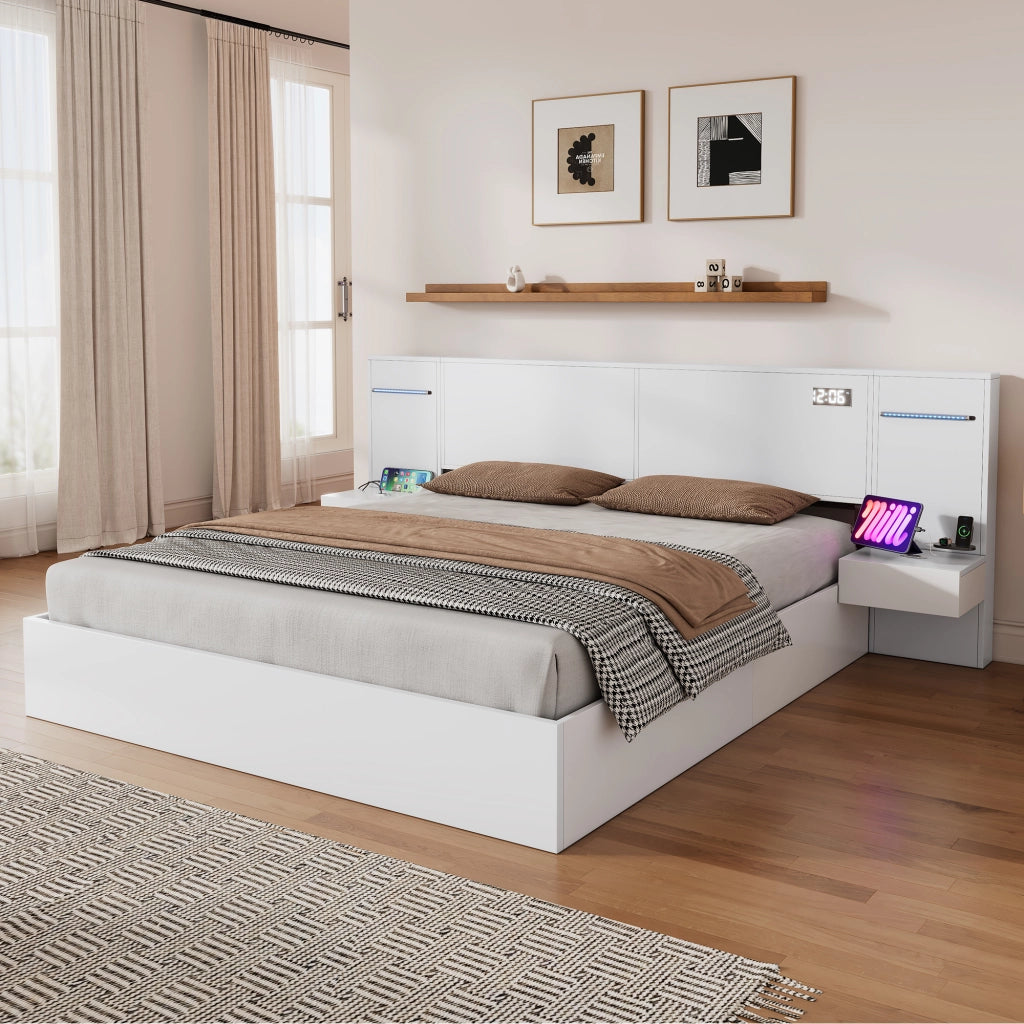 Letto matrimoniale 180x200 cm in MDF bianco con USB, Bluetooth, orologio digitale e luci LED
