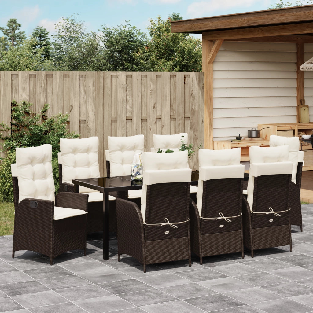 Set da pranzo da giardino 9 pezzi con cuscini marrone polyrattan