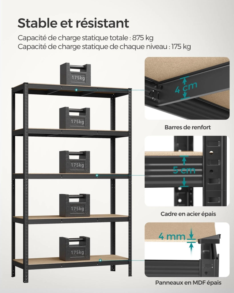 Mobiletto portaoggetti in acciaio per carichi pesanti a 5 ripiani montaggio senza attrezzi ripiano da garage per cassette degli attrezzi capacità di carico 875 kg 60 x 120 x 200 cm nero 12_0005569