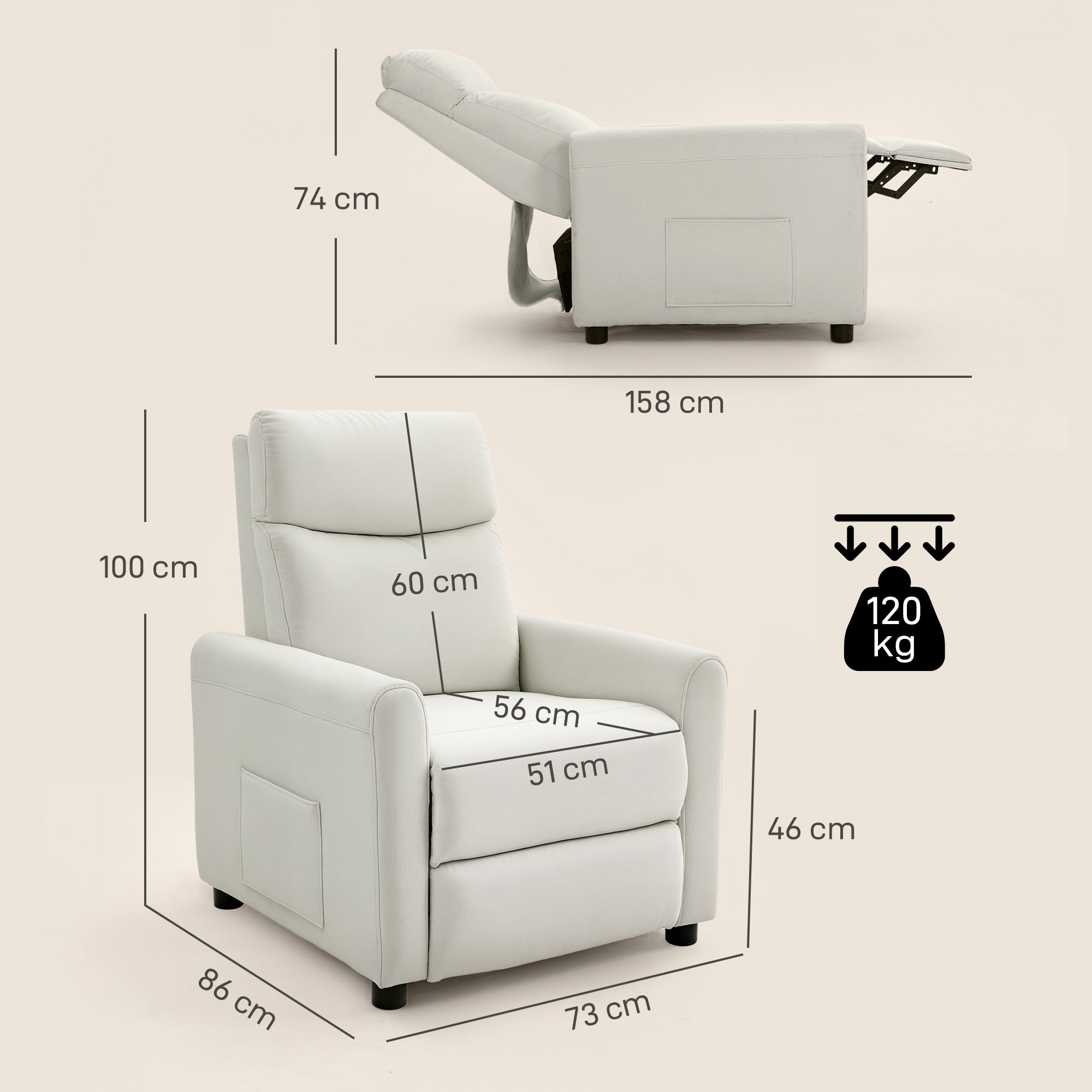 Poltrona Reclinabile 135° Max 73x86x100 cm in Tessuto Effetto Lino Bianco Crema