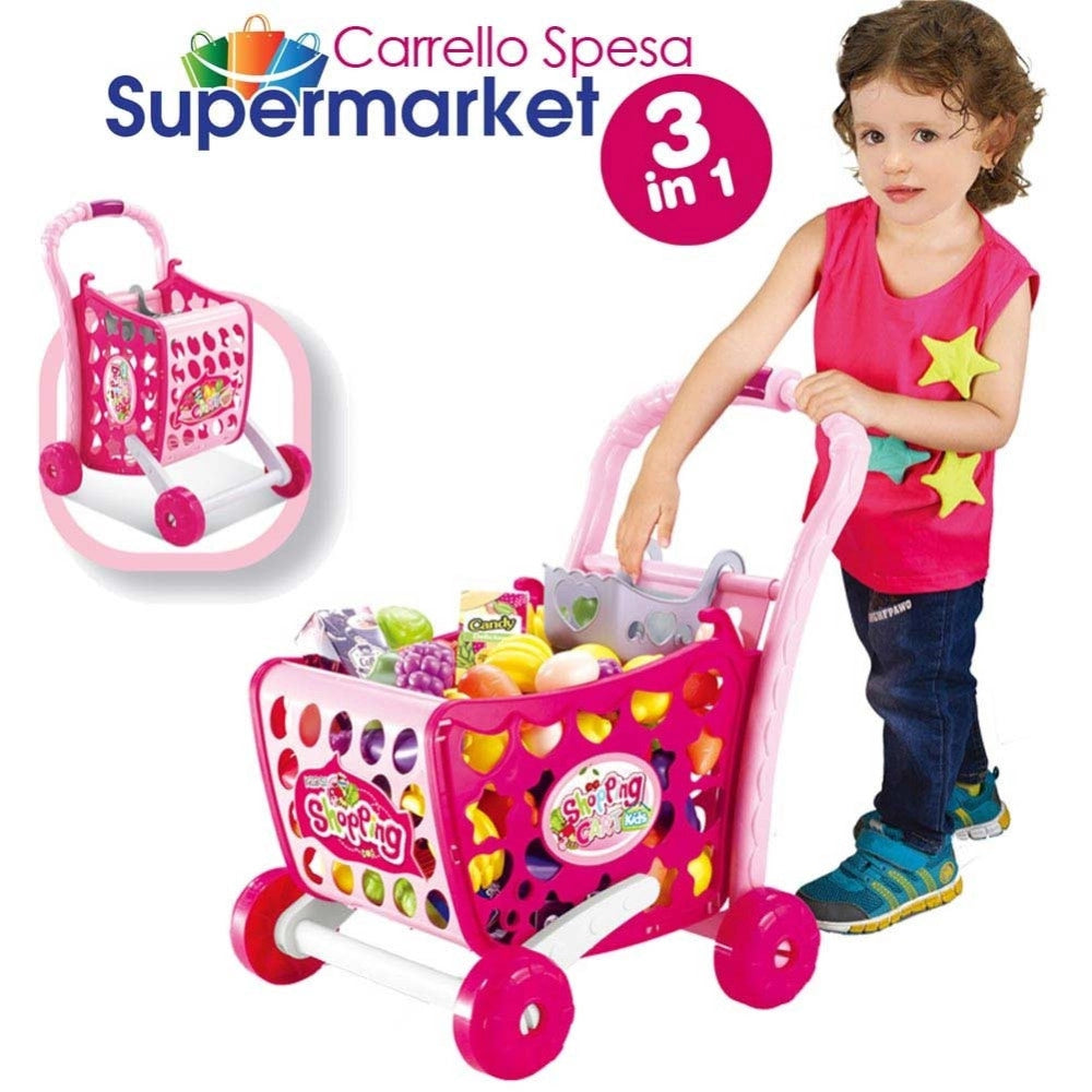 Trade Shop - Carrello Spesa Supermarket Per Bambini Rosa Azzurro Con Frutta E Verdura 3in1 -