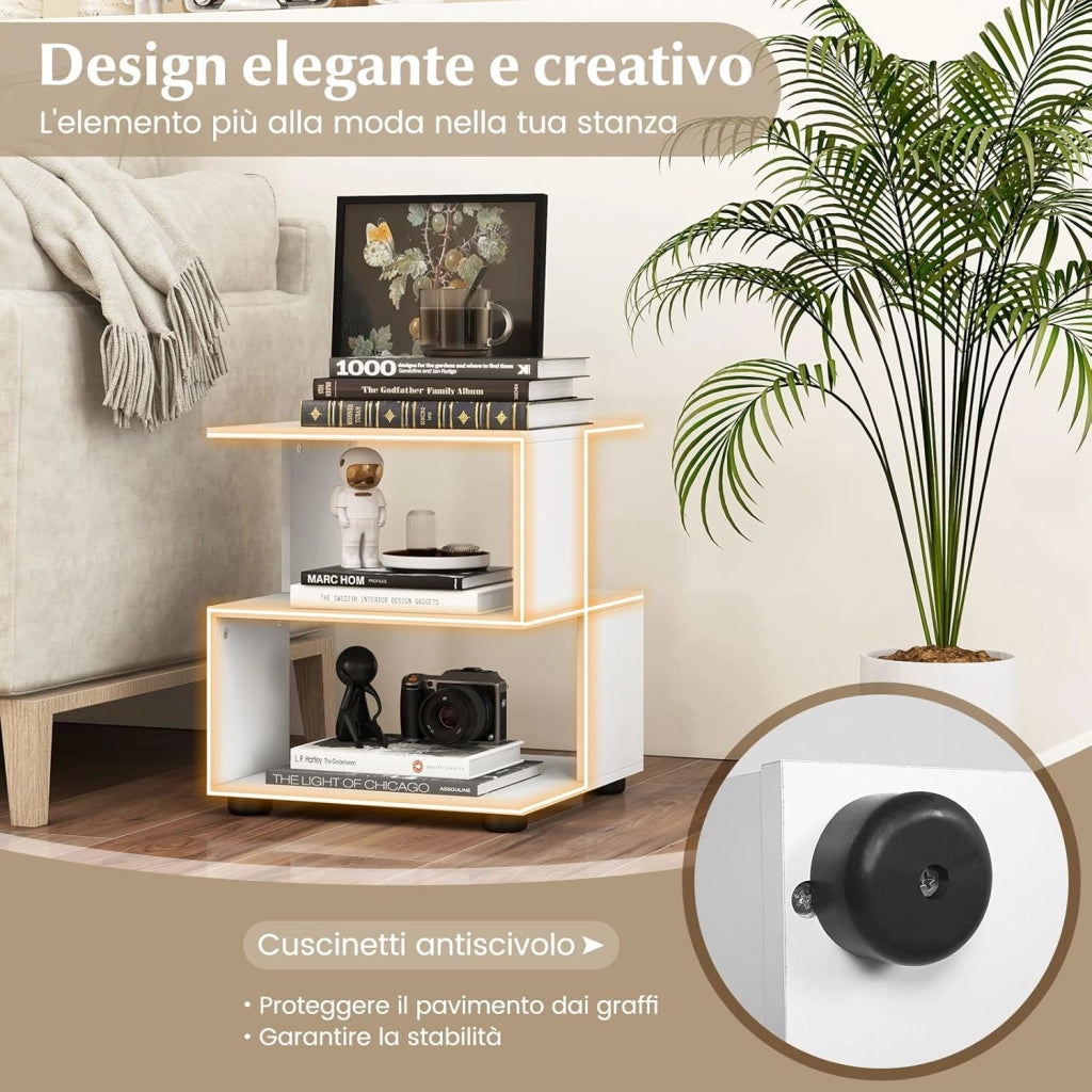 Tavolino da Salotto a 3 Livelli, Tavolino Moderno con Ripiani e Piedini Antiscivolo, Comodino Multiuso per Camera da Letto, Soggiorno, Studio e Ufficio, Bianco