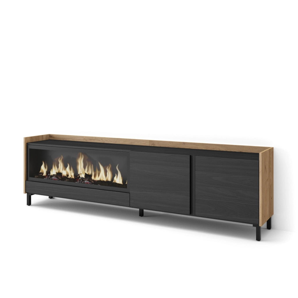 Mobile TV Soggiorno, 212x61x35 cm, Per TV fino a 80", Camino elettrico XXL, Design industriale, Nero e rovere