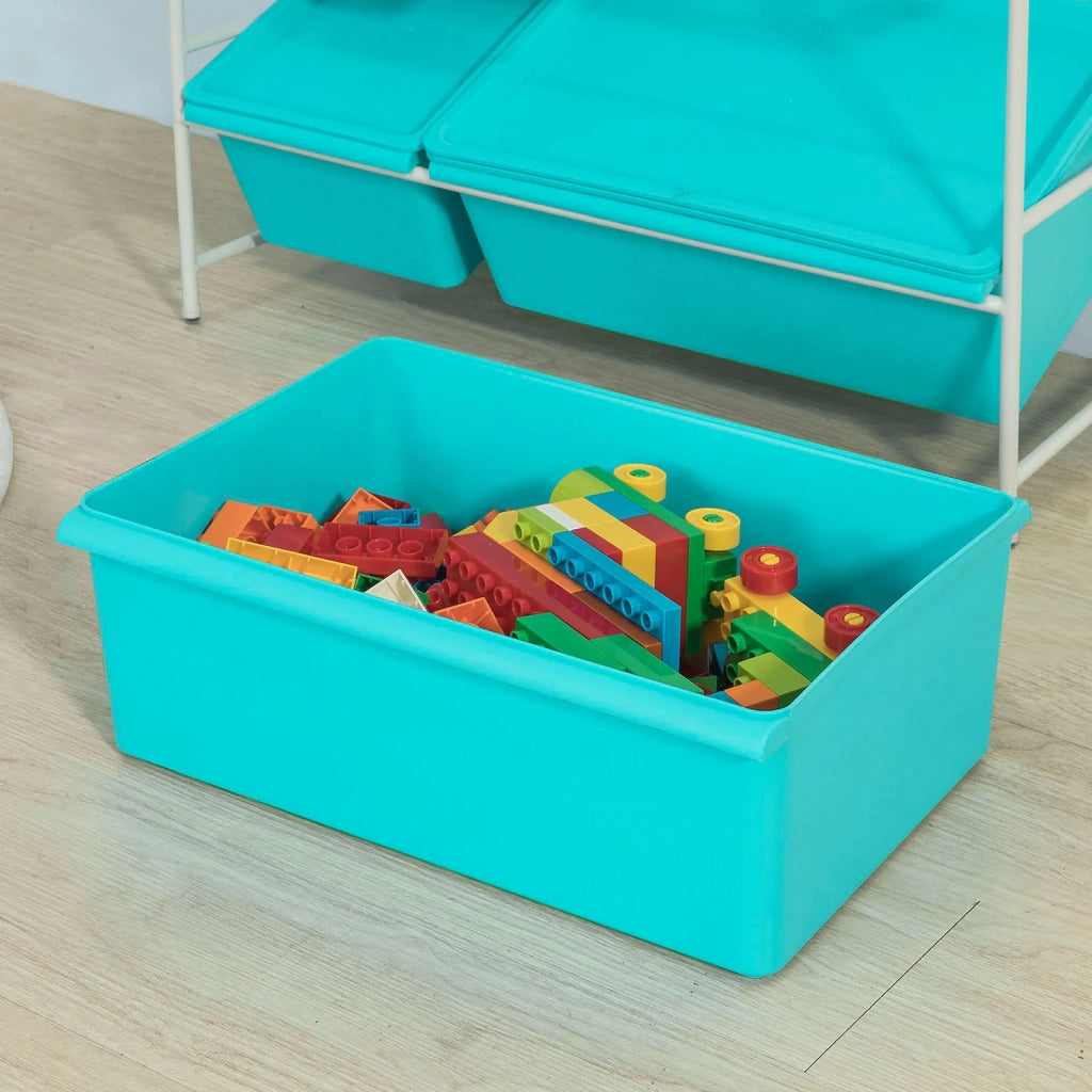 Scaffale bianco portagiochi Libreria bambini 4 scatole in blu con coperchio KMB07-B