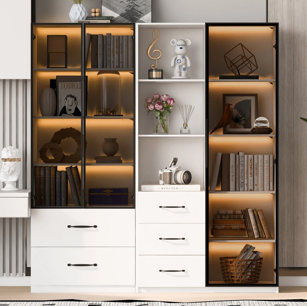 Vetrina LED modulare bianca 140 x 40 x 160 cm con cassetti