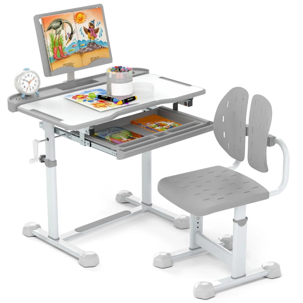 Set scrivania e sedia per bambini regolabile 80 x 50 x 83-99 cm con cassetto suddiviso in scomparti e porta libri in grigio 20_0018481