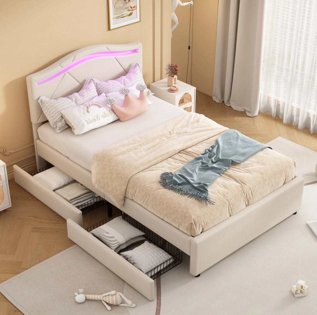 Letto 90x200 cm con LED; 2 cassetti e testiera regolabile in lino
