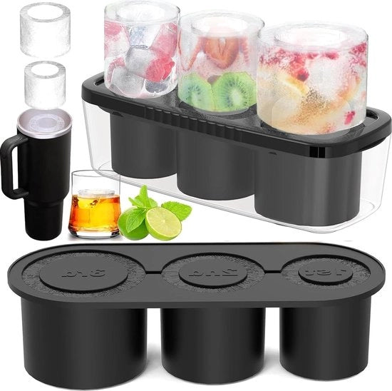 Blocco di ghiaccio in silicone - coperchio e contenitore - 3 celle - scatola per cubetti di ghiaccio - tazza da 100 ml Tumbler - bicchiere per cocktails whisky - purea di frutta - ghiaccio - nero