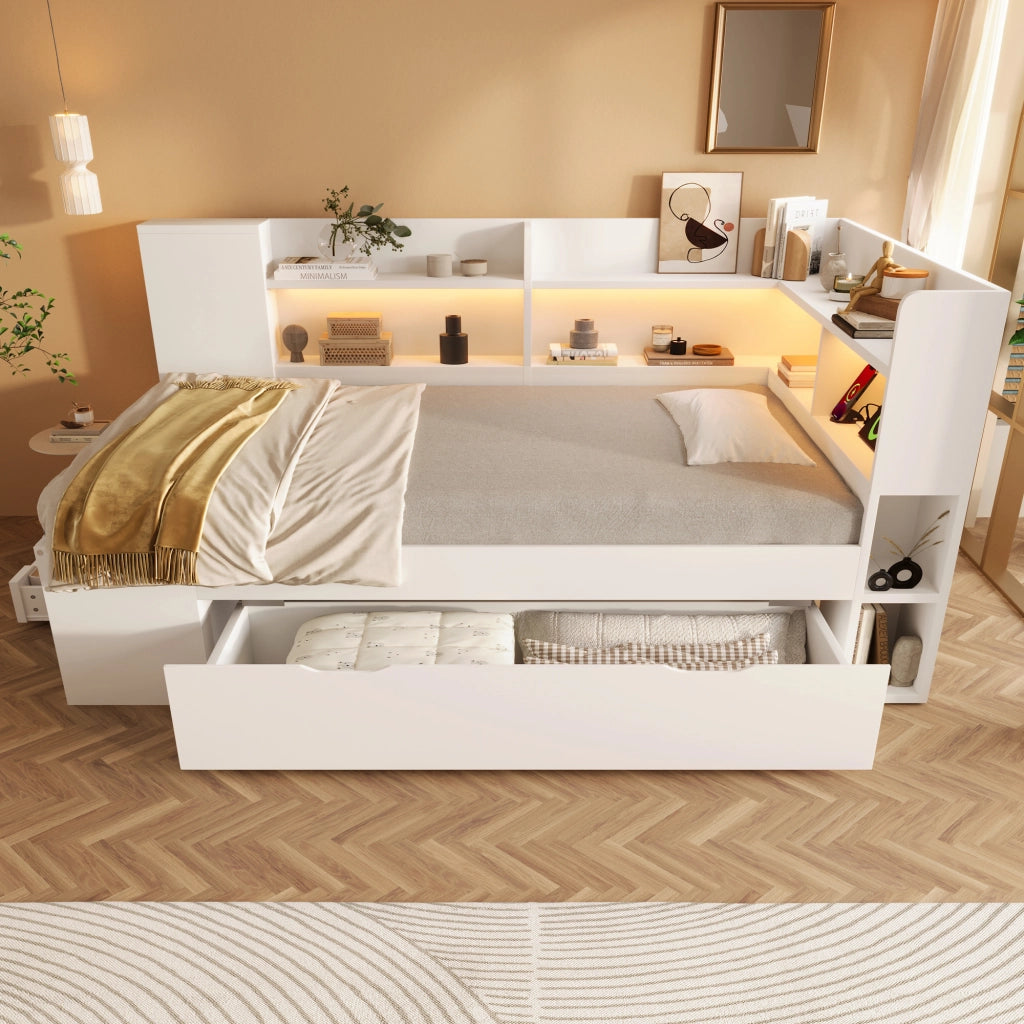 Letto singolo 90 × 200 cm con LED, USB e Type-C, contenitore con cassetti, con materasso, bianco