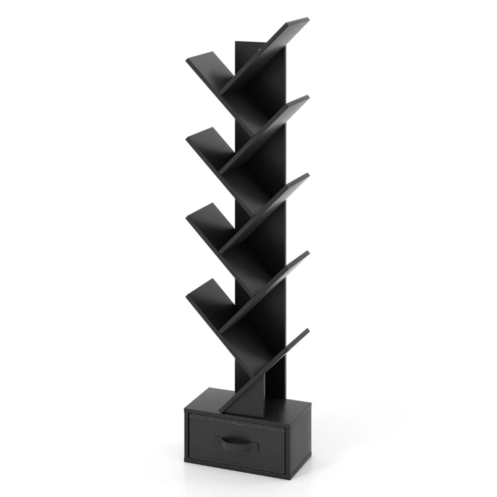 Scaffale ad albero a 10 ripiani con cassetto-Scaffale da terra per camera da letto soggiorno e ufficio Nero