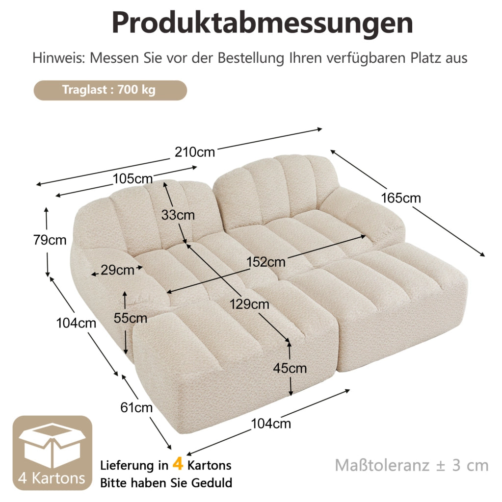 Divano modulare frameless con ottoman 210x165x79 cm in fleece granulare beige white