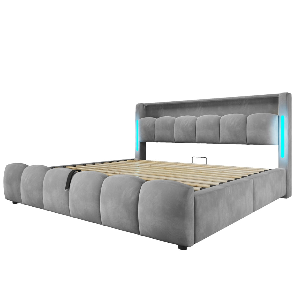 Letto contenitore 180x200 cm in velluto con LED, USB e testiera con vano