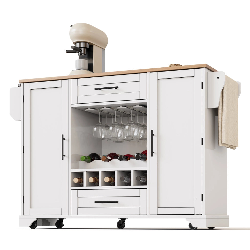 Isola da Cucina Mobile 138x45/70x92 cm Bianca e Legno con Portabottiglie, 2 Cassetti e 5 Ruote