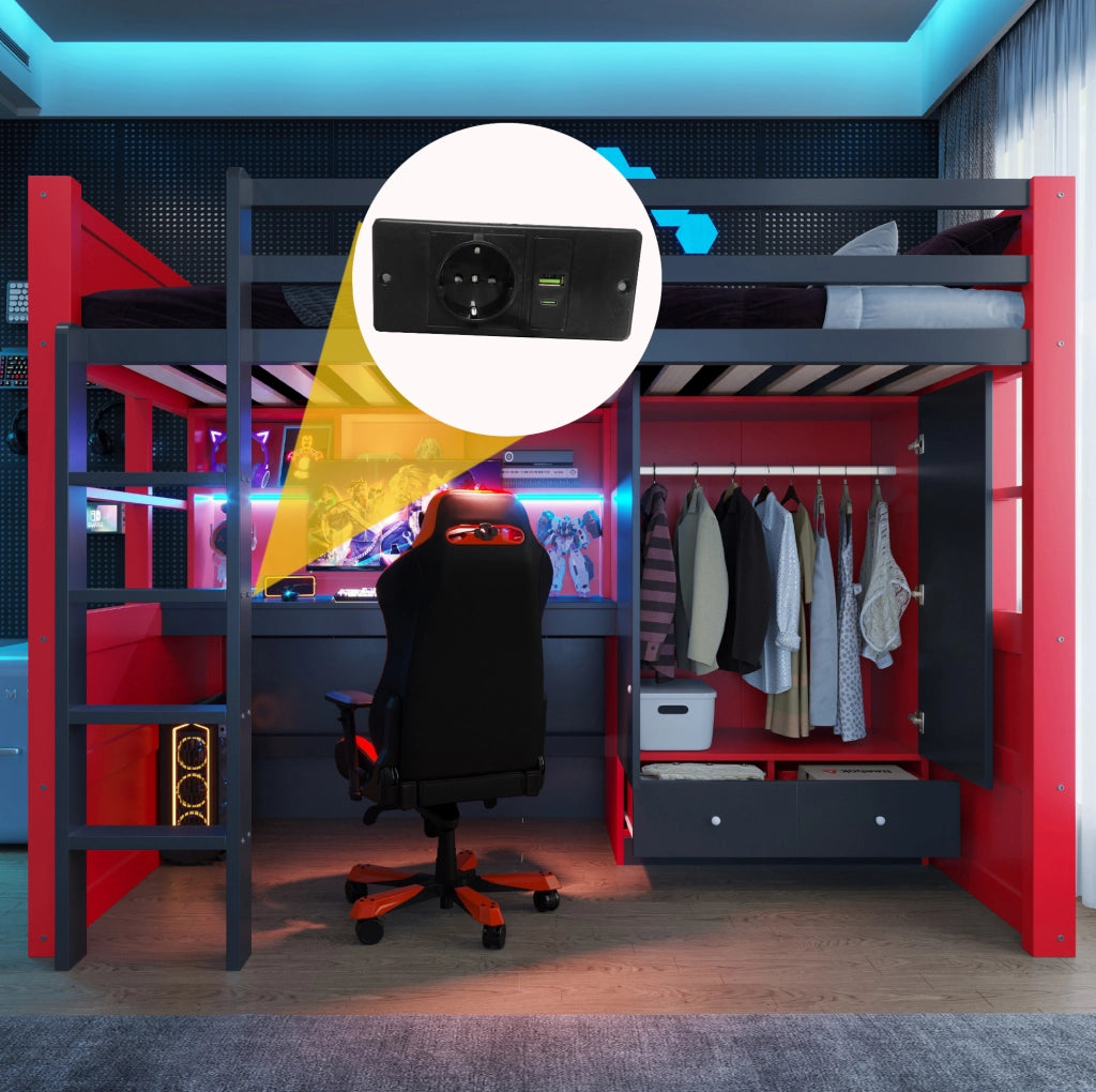 Letto a soppalco 90x200 cm in stile e-sport; con LED; prese; scrivania e armadio; nero e rosso