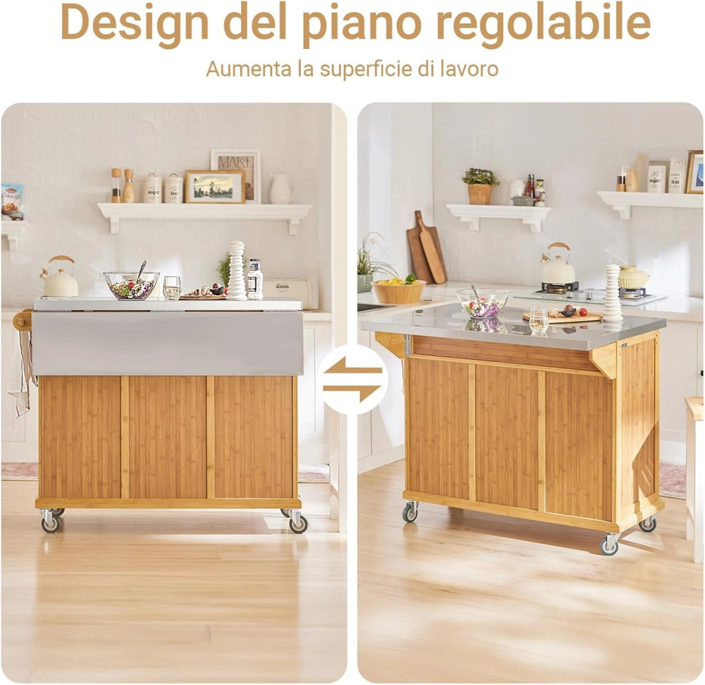 Carrello Cucina con Ruote Isola Cucina con Piano di Lavoro Estensibile, 2 Cassetti e Ripiani Regolabili Mobile Salvaspazio per Mobili da Cucina Naturale 115 x (46-71) x 92 cm FKW69-N
