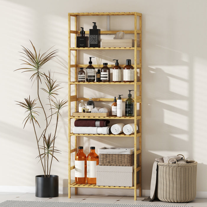 Scaffale Autoportante 60x26x161 cm a 6 Livelli con Ripiani Regolabili in Legno di Bambù Legno Naturale