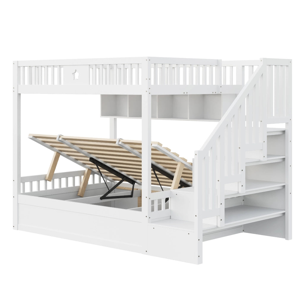 Letto a castello in legno 140x200 cm con letto inferiore idraulico, scala contenitore e ripiani, Bianco