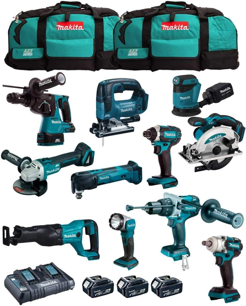 MAKITA Kit MK1102 (DHP481 + DHR243 + DGA504 + DTD152 + DJV182 + DSS610 + DJR186 + DBO180 + DTM51 + DML802 + DTW285 + 3 Batterie 5,0 Ah + Caricabatterie + 2 x LXT600)